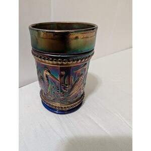 Vintage Dugan Iridescent Carnival Glass Cobalt Blue Cup Cranes Egret Heron Bird